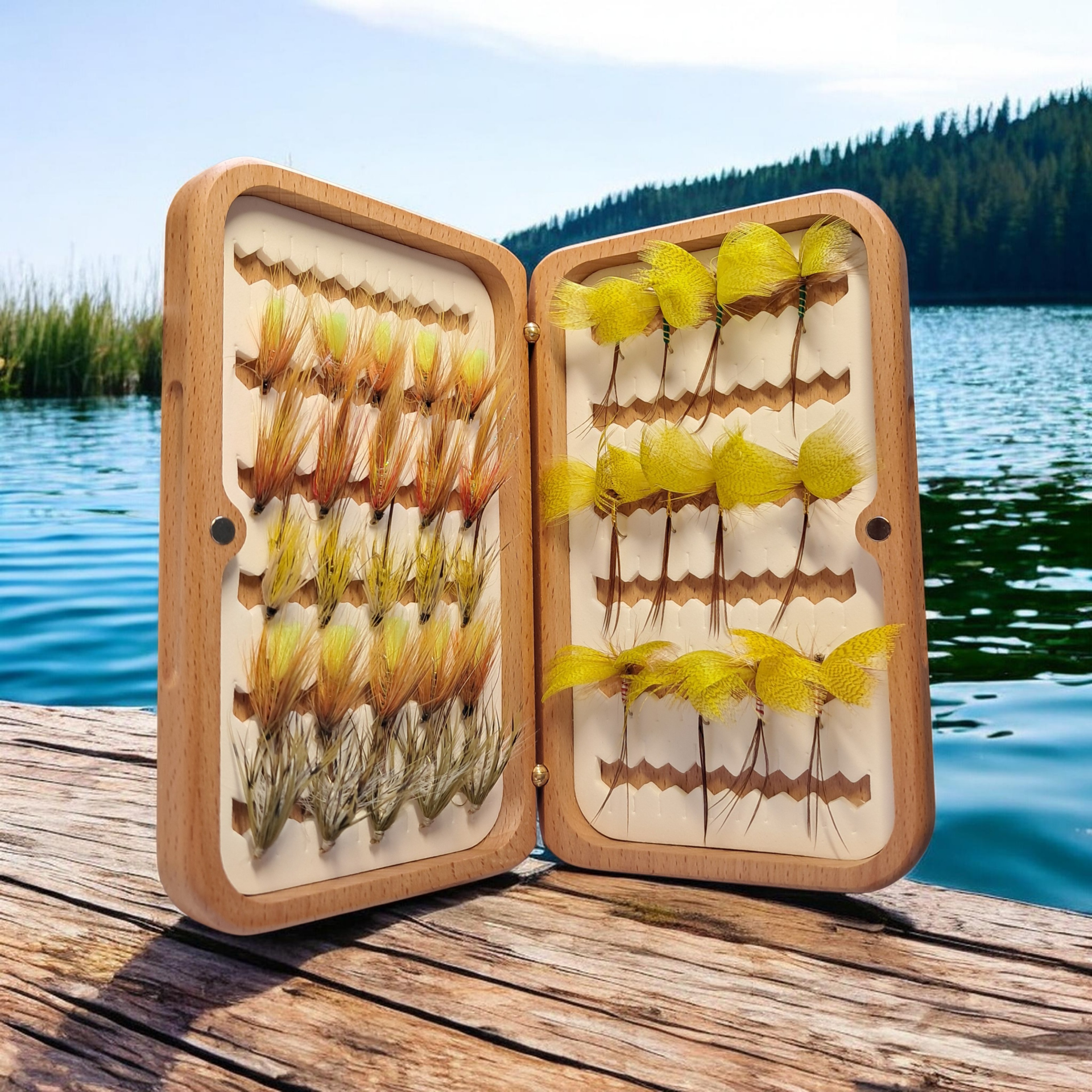 Mayfly Special Large Side Open Wooden Fly Box With Mayflies