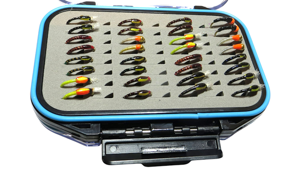 Double Sided Waterproof Fly Box plus 64 Trout Flies