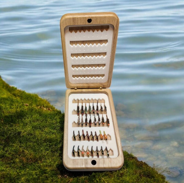 Mayfly Small Flip Open Wooden Fly Box With Flies