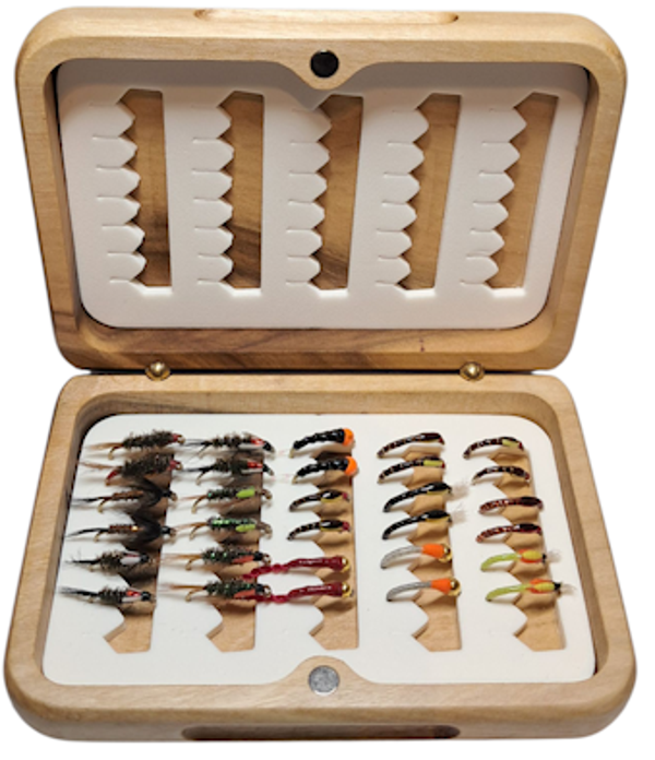 Luxury Walnut Medium Fly Box with Flies