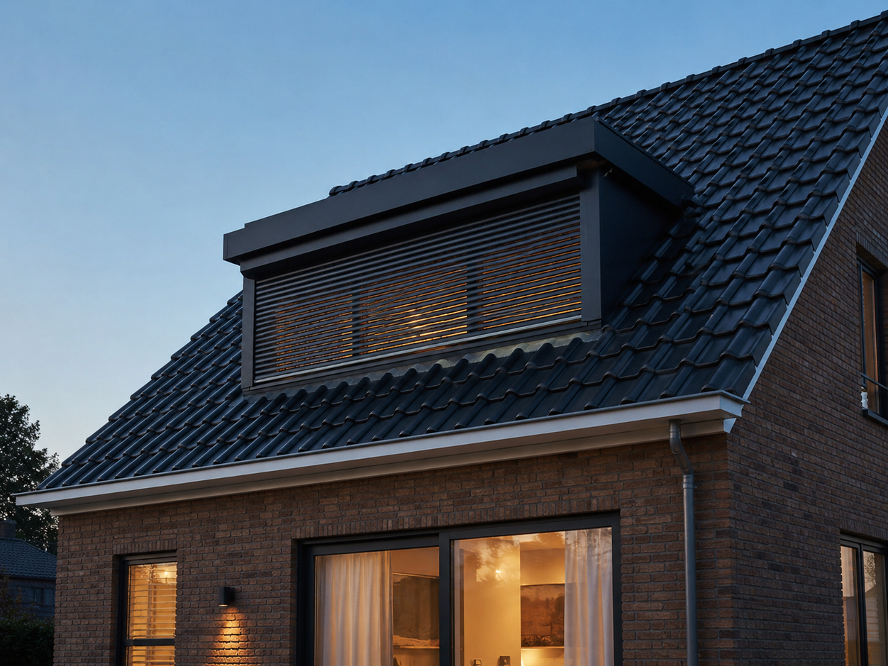 Art impressie van een dakkapel met gesloten rolluik tegen zon en warmte