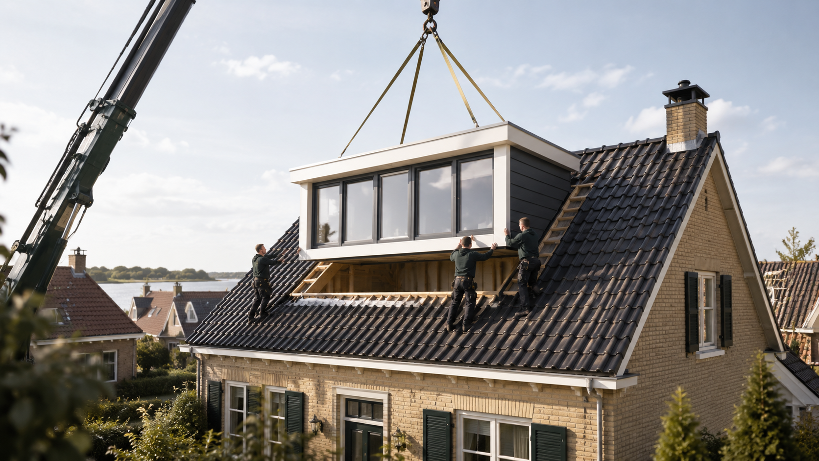 Kraan plaatst een prefab dakkapel op een schuin pannendak terwijl monteurs de dakkapel begeleiden