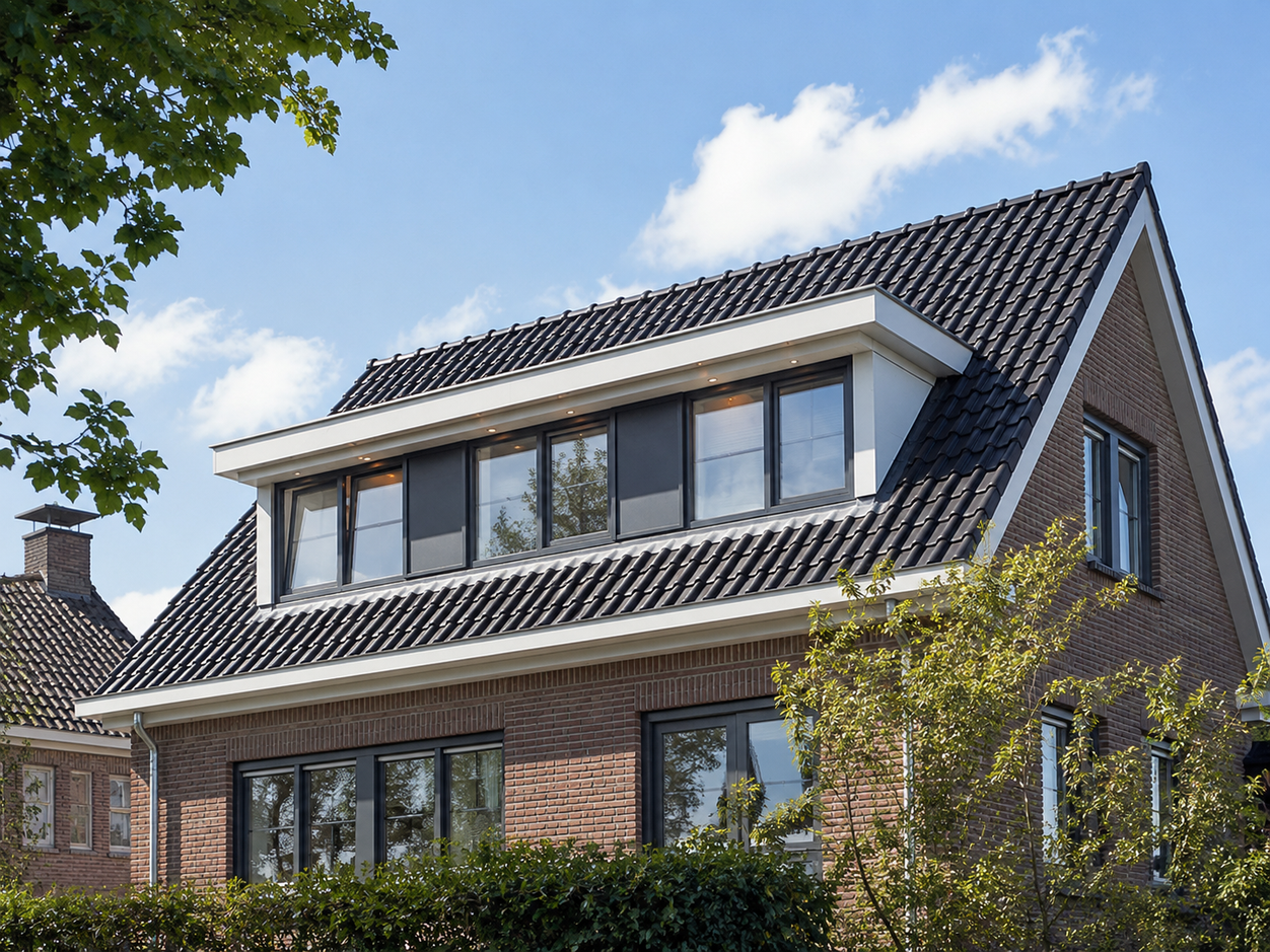 Art impressie van een brede prefab dakkapel op een schuin dak