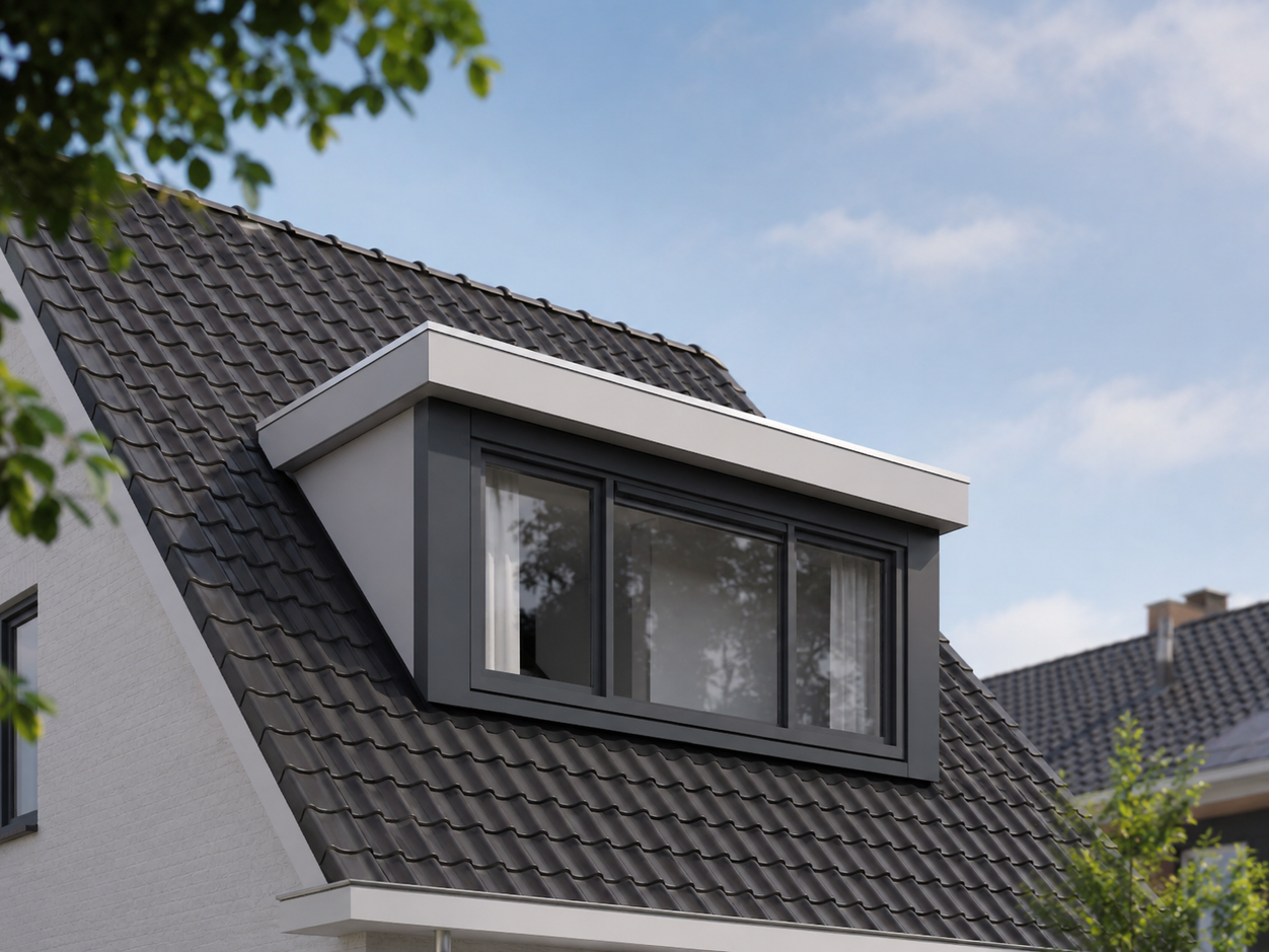 Art impressie van een moderne kunststof prefab dakkapel