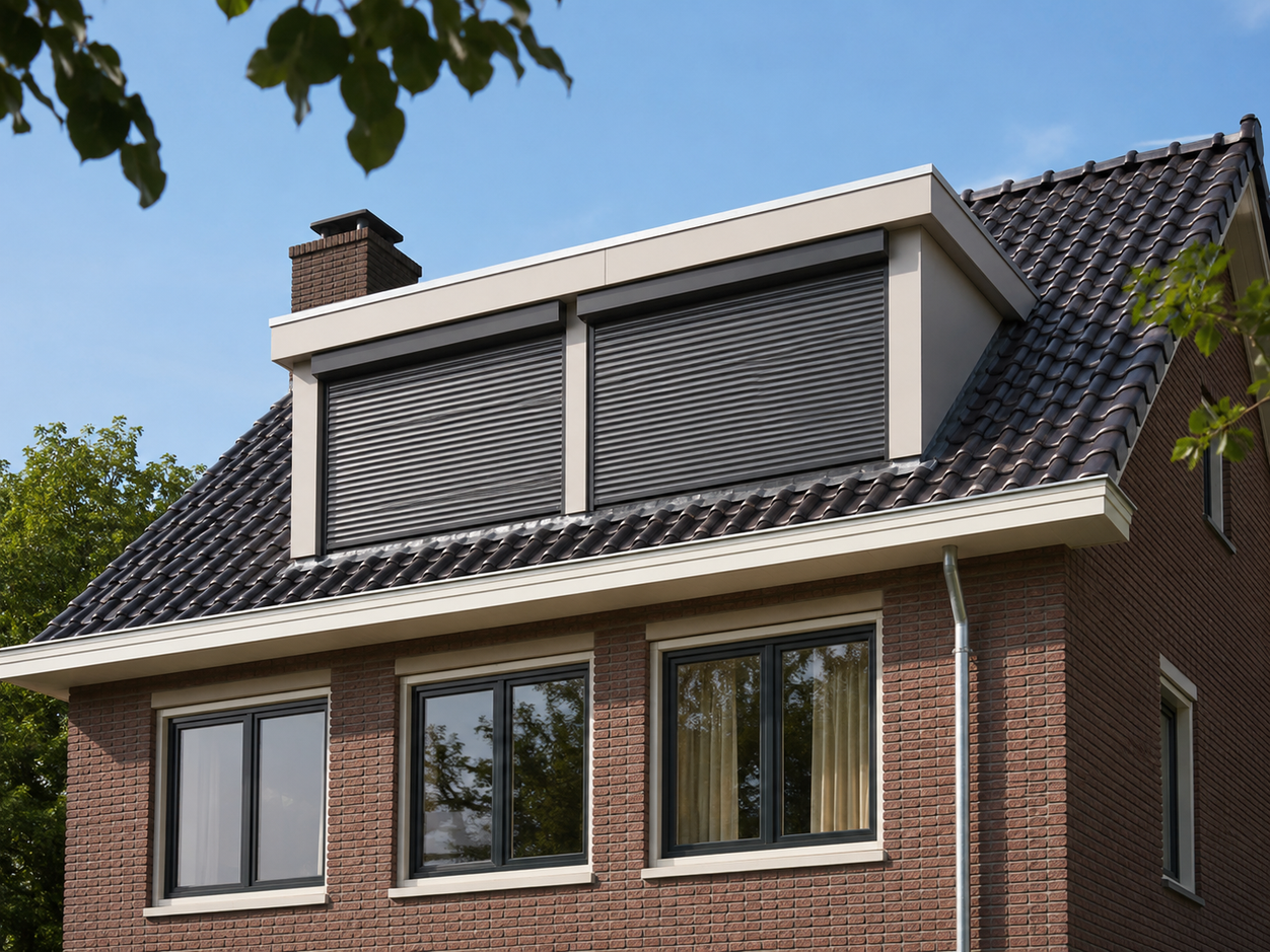 Art impressie van een prefab dakkapel met geïntegreerde rolluiken
