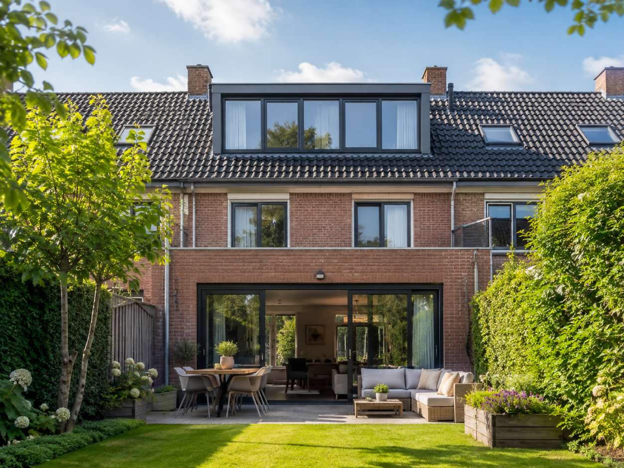 Art impressie van een prefab dakkapel aan de achterzijde van een woning
