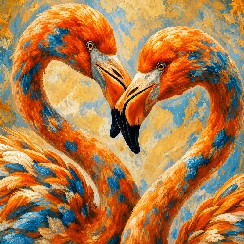 Detail van een kunstwerk met flamingo’s, waarop de structuur van het beeld goed te zien is