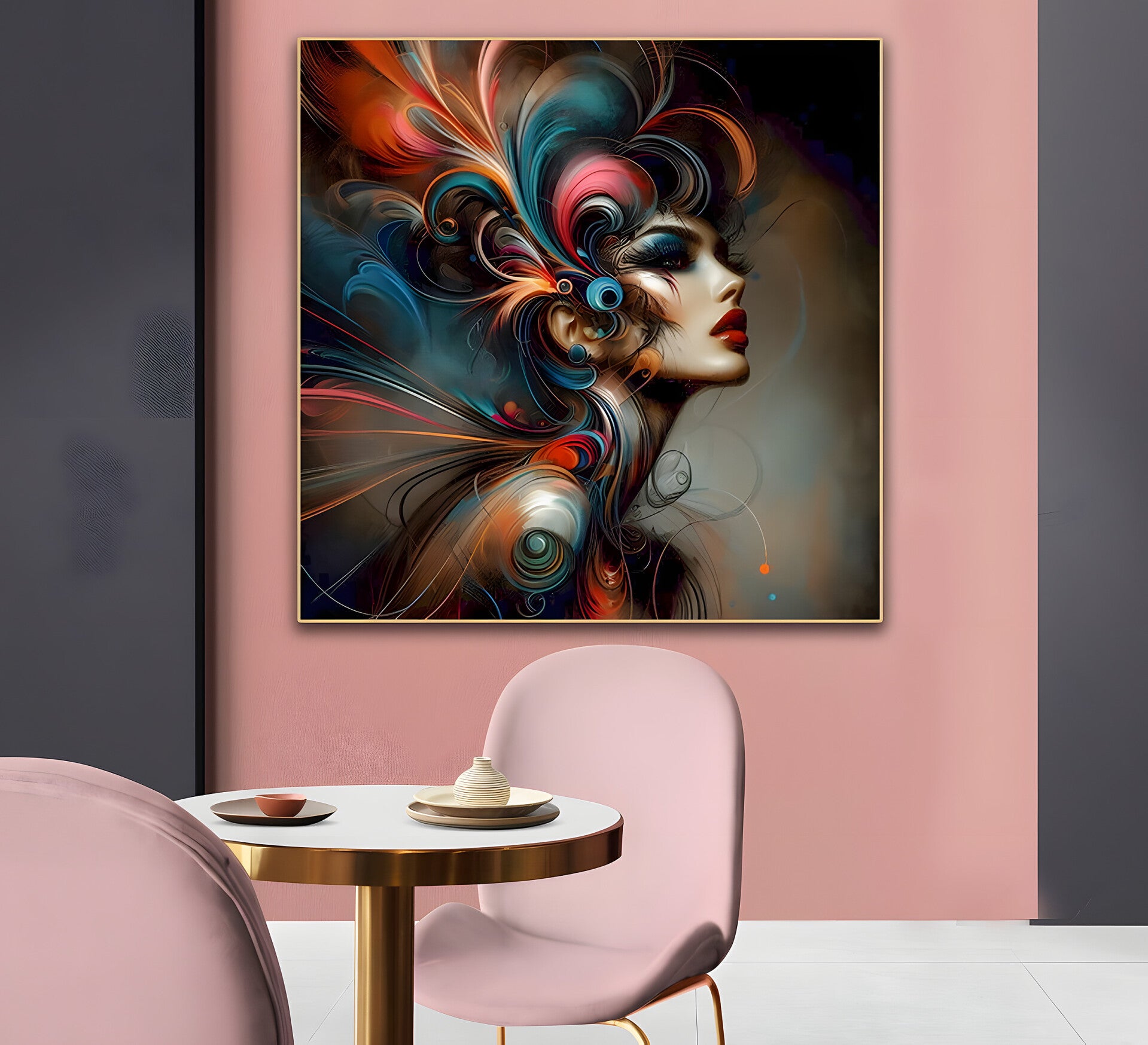 Kunstwerk van ARTILUXE boven een eettafel in een interieur met roze wand