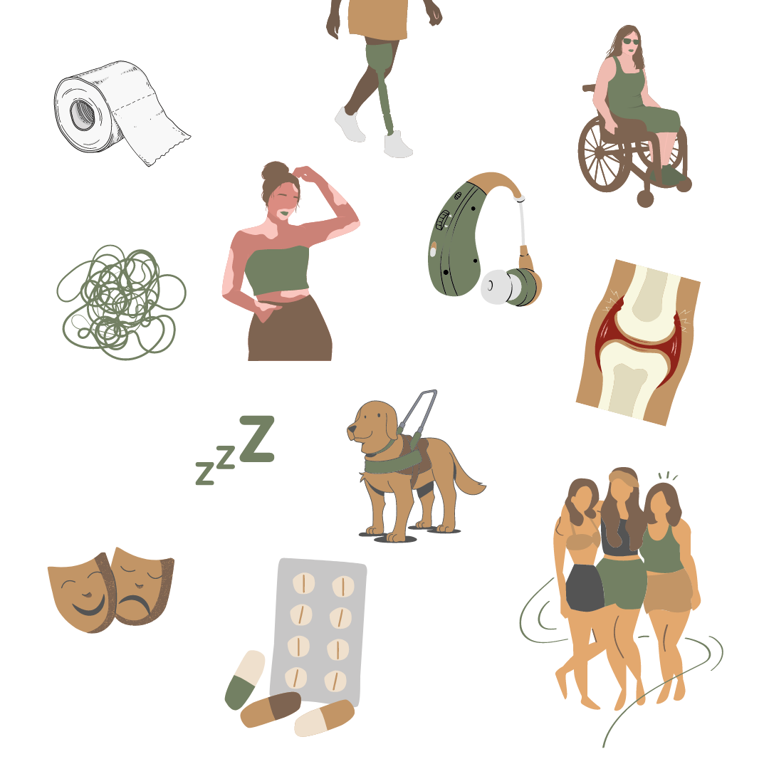 grafische afbeelding met allemaal blovk illustraties van mensen en voorwerpen die met disability te maken hebben Rolstoel, wc-rol, hulphond, medicijnen, masker, chronische pijn, hoortoestel, prothese, vitiligo, huidaandoening, chronische vermoeidheid, her