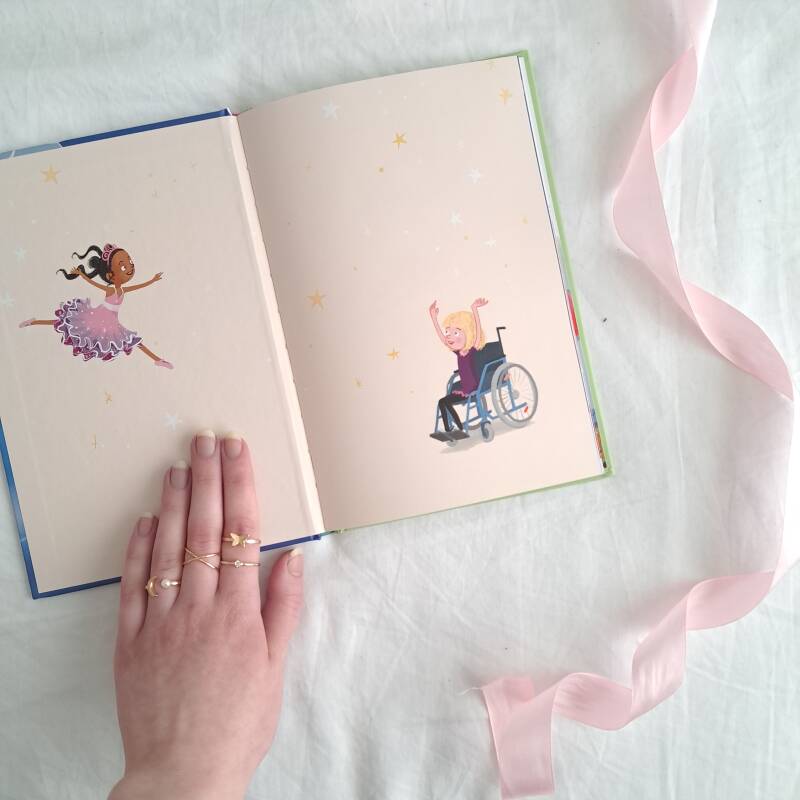 Foto van het schutblad van 'lola wil dansen'. Op de ene pagina staat een bruin meisje in roze tutu. Op de rechterpagina zit een wit, blond meisje in een blauwe rolstoel. Foto bij recensie van 'Lola wil dansen' deel 1 in serie dansschool de vlinders van Je