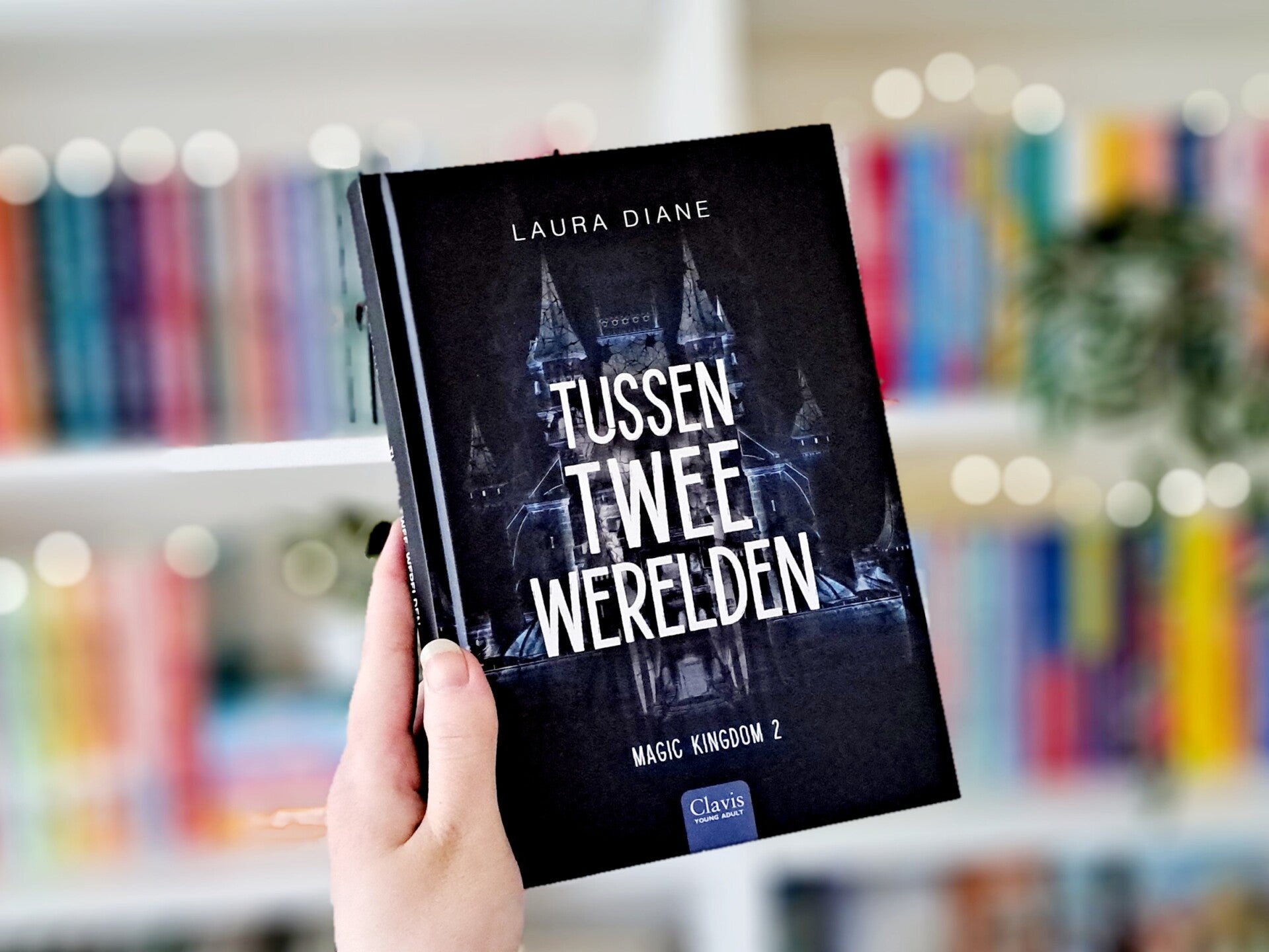 Een witte hand houdt 'Tussen twee werelden' deel 2 in de magic kingdom trilogie van Laura Diane omhoog voor een kleurrijke wazige boekenkast met lichtjes. Foto bij recensie door turnthepages.nl Rolstoelgebruiker, disabled bookstagrammer en queer blogger.