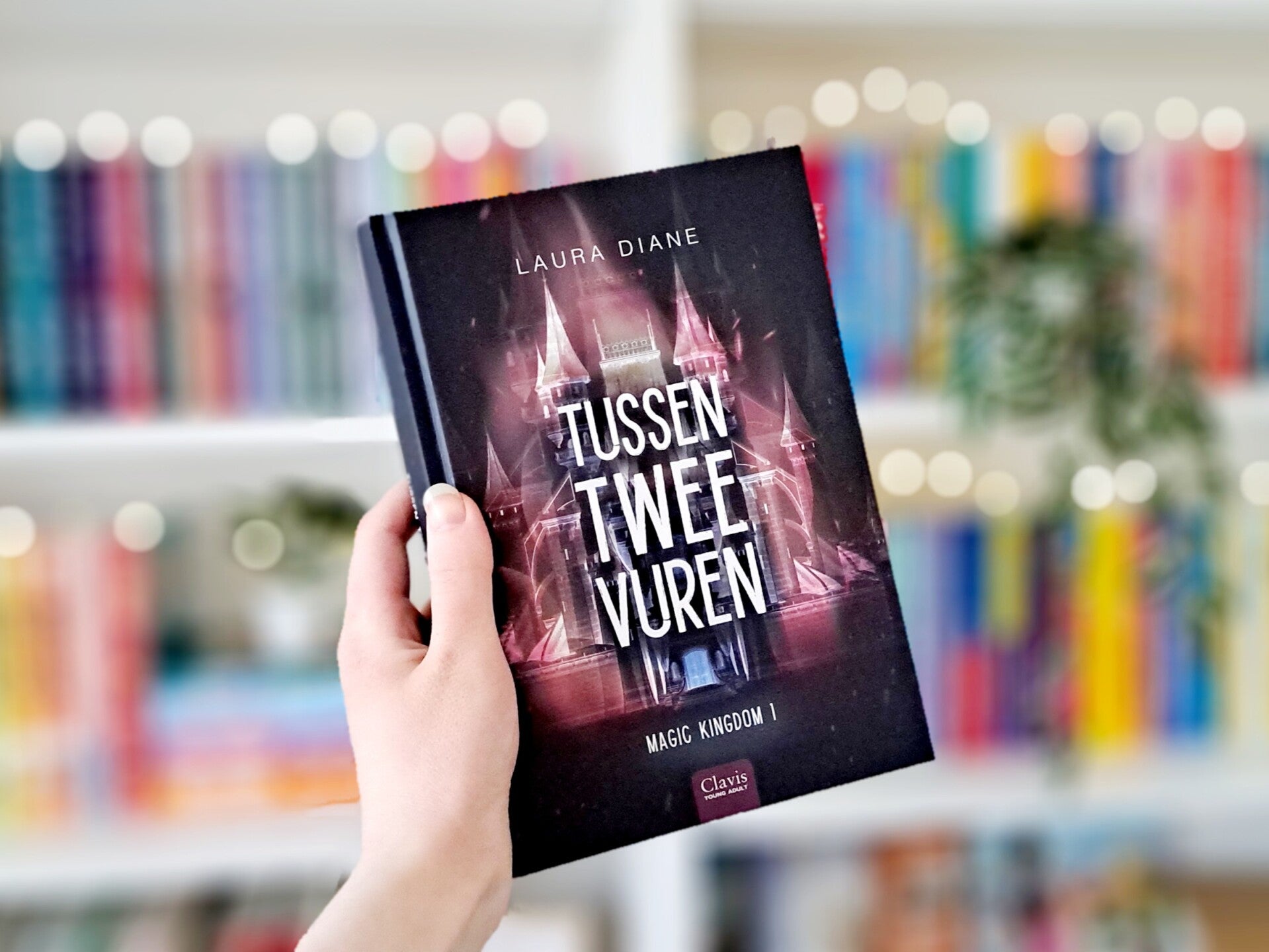 Een witte hand houdt 'Tussen twee vuren' deel 1 in de magic kingdom trilogie van Laura Diane omhoog voor een kleurrijke wazige boekenkast met lichtjes. Foto bij recensie door turnthepages.nl Rolstoelgebruiker en disabled bookstagrammer en blogger.