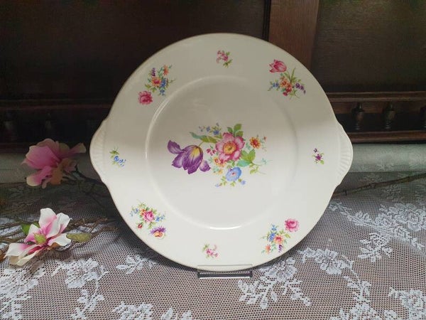 Taartschaal Petrus Regout - model Perle, decor paarse Iris/ Tulp