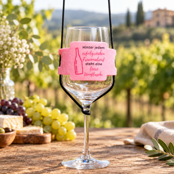 For Women and Girls Only - 1 Weinglashalter zum Umhängen in Rosa | DTF Gedruckte Glas Halter | Filz | mit Weinspruch Auswahl klar und deutlich