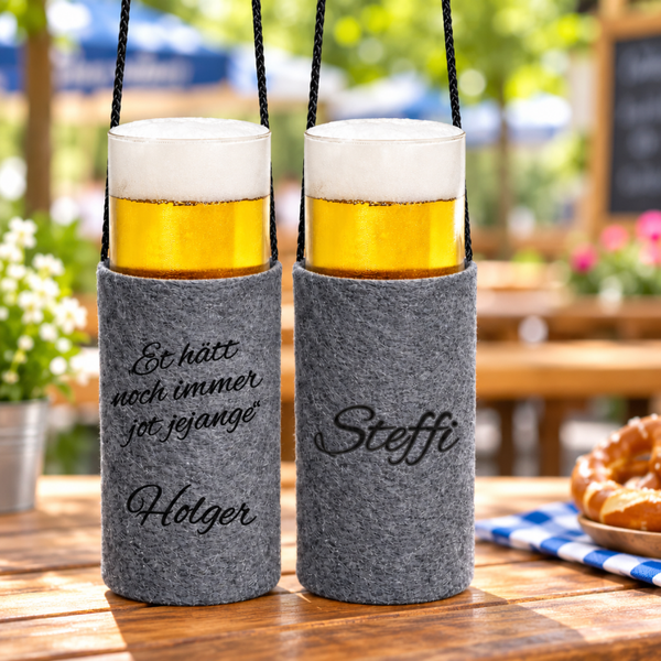 Filz Glashalter für Kölschglas (0,2 l) mit Trageschnur mit und ohne Personalisierung (Lasergravur)