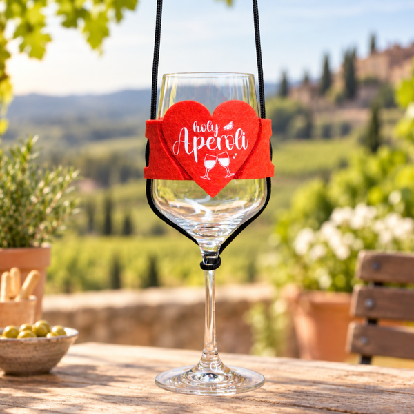 Aperol Weinglashalter zum Umhängen | Glas Halter | Filz | DTF Weiß Bedruckt zum Umhängen in Terra | Filz | mit aus wählbarem Weinspruch klar und deutlich