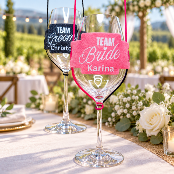1 Weinglashalter zum Umhängen | DTF Gedruckte Glas Halter | Filz | Team Groom -  Braut - Team Bräutigam - Team Bride - Team  - mit oder ohne Personalisierung