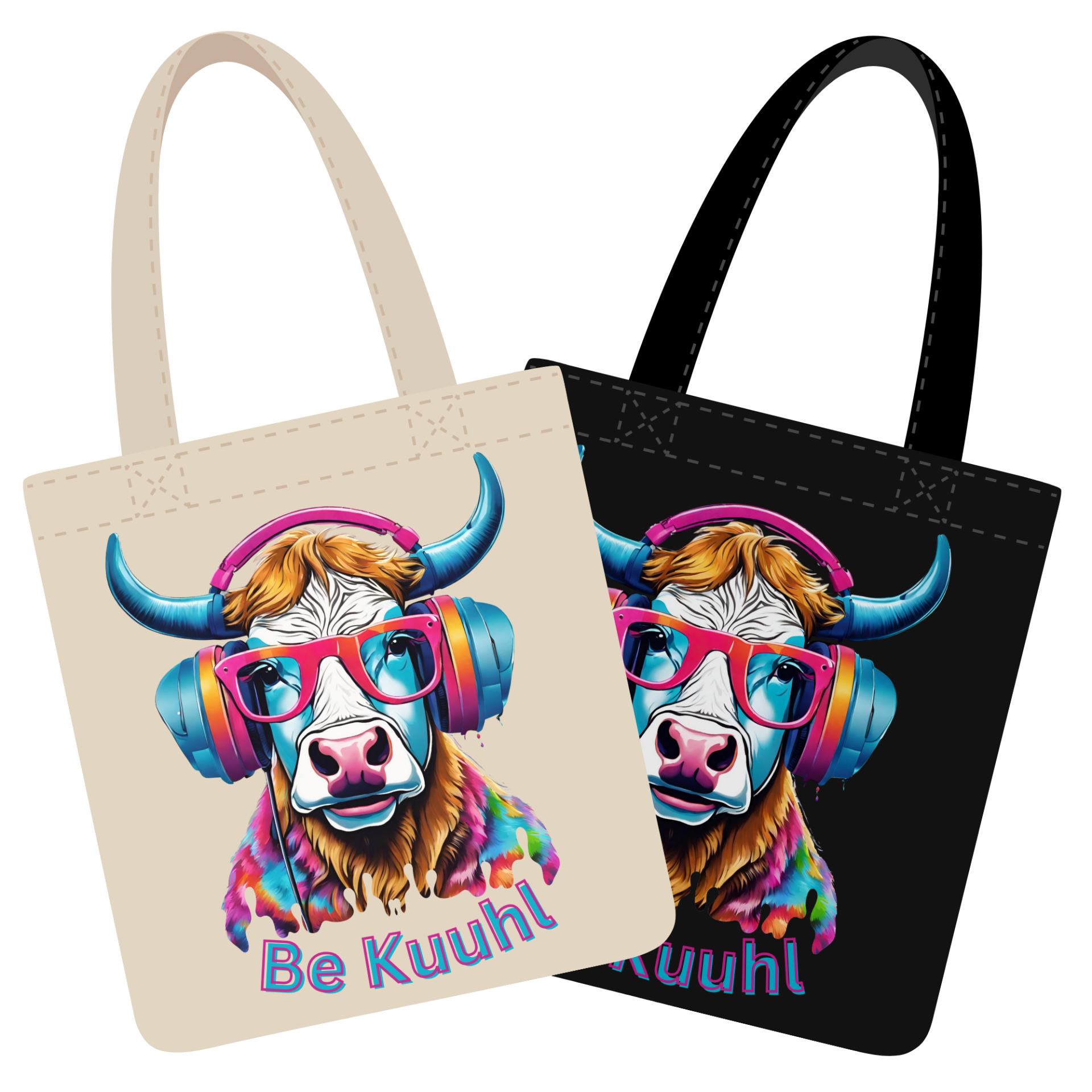 Leinen Optik Design Motiv Beutel 41*39cm + Langer Hand und Schulter Riemen - Coole Kuh mit Kopfhörer in  Color Optik  - DJ Jon Color