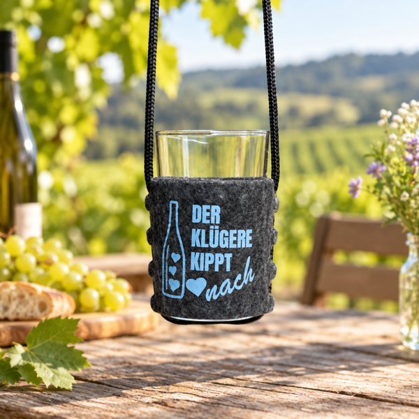 1 Weinglashalter zum Umhängen für Böckling Säntisbecher 0,1 | Weinglashalter DTF Weiß Bedruckt | mit aus wählbarem Weinspruch klar und deutlich