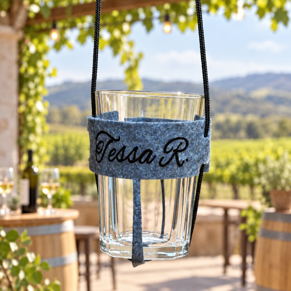 Festival / Cocktail / Bier Becherhalter zum Umhängen | Glas Halter | Filz | mit und ohne Personalisierung | in 7 Farben