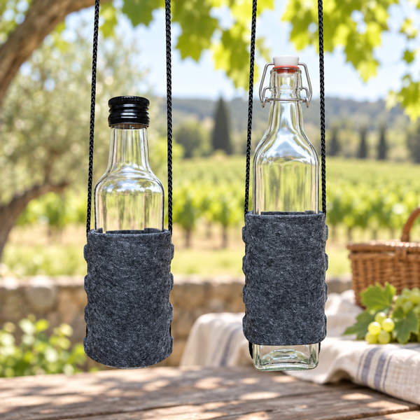 Glas Flaschen Halter zum Umhängen für Eckige oder Runde Flaschen von 14,5cm bis 16,5 cm Rundummaß  mit oder ohne Gravierung / DTF Druck