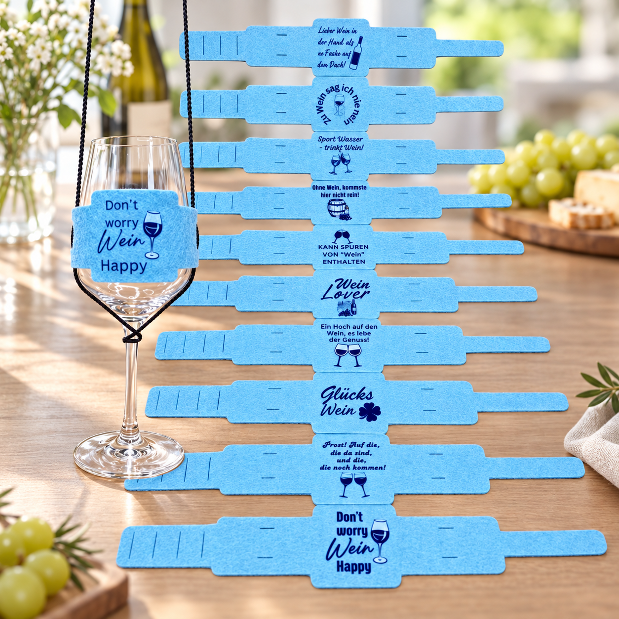 Only for Man: "Für coole Männer und Jungs – 10 cooler Weinglashalter zum Umhängen in Hellblau | DTF Gedruckter Glas Halter | Filz | mit Auswahl an markanten Weinsprüchen"