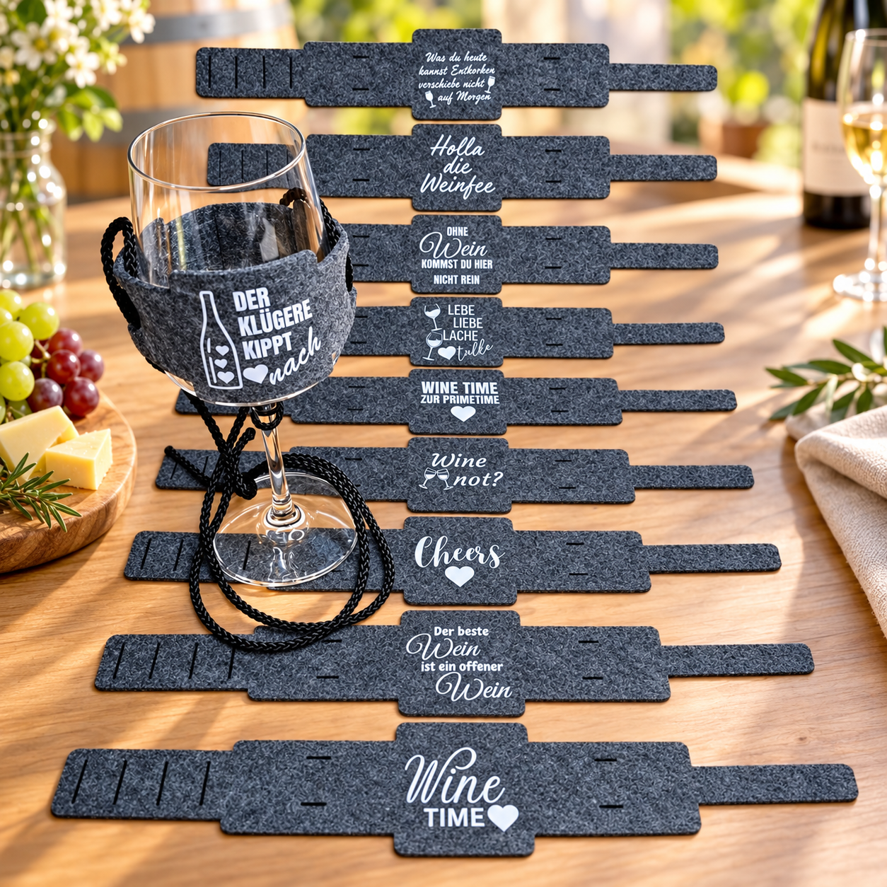 10 Weinglashalter Weiß Bedruckt | Filz | mit verschieden Weinsprüchen