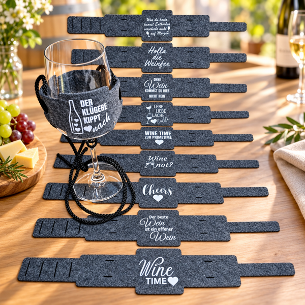 10 Weinglashalter Weiß Bedruckt | Filz | mit verschieden Weinsprüchen