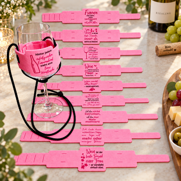 For Women and Girls Only - 10 Weinglashalter zum Umhängen in Rosa | DTF Gedruckte Glas Halter | Filz | mit verschieden Weinsprüchen klar und deutlich