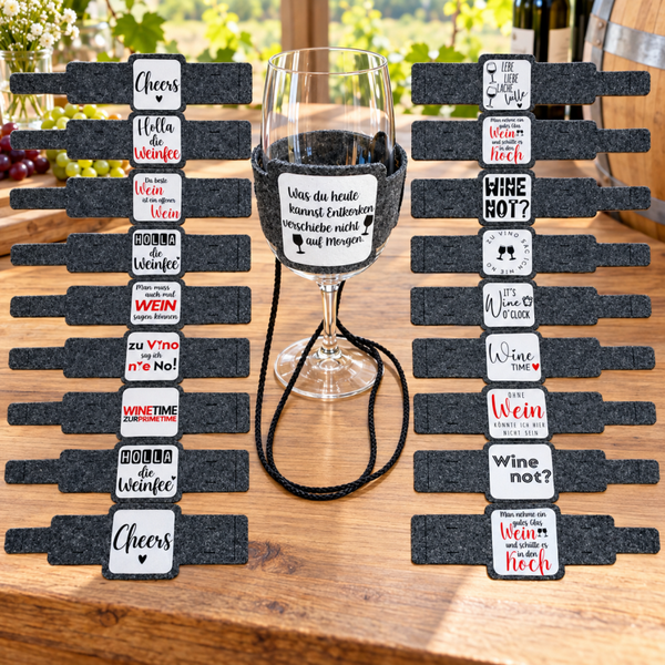 10 oder 20 St. Weinglashalter zum Umhängen | DTF Gedruckte Glas Halter | Filz | mit verschieden Weinsprüchen klar und deutlich