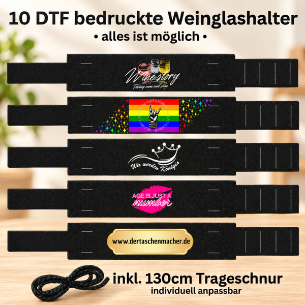 10 DTF bedruckte Weinglashalter in 10 Farben inkl. Trageschnur mit Ihrem Wunschlogo oder Schrift