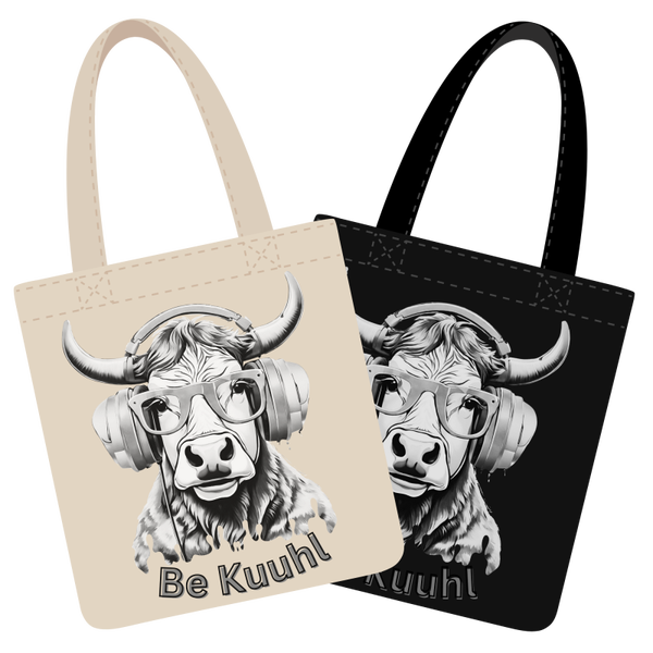 Leinen Optik Design Motiv Beutel 41*39cm + Langer Hand und Schulter Riemen - Coole Kuh mit Kopfhörer in White Black Optik - DJ Jon White/Black
