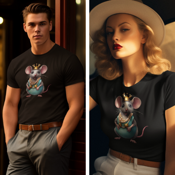 T-Shirt Design Druck Süße Maus mit Krone und Perlenkette in 5 Farben von M bis XXXL