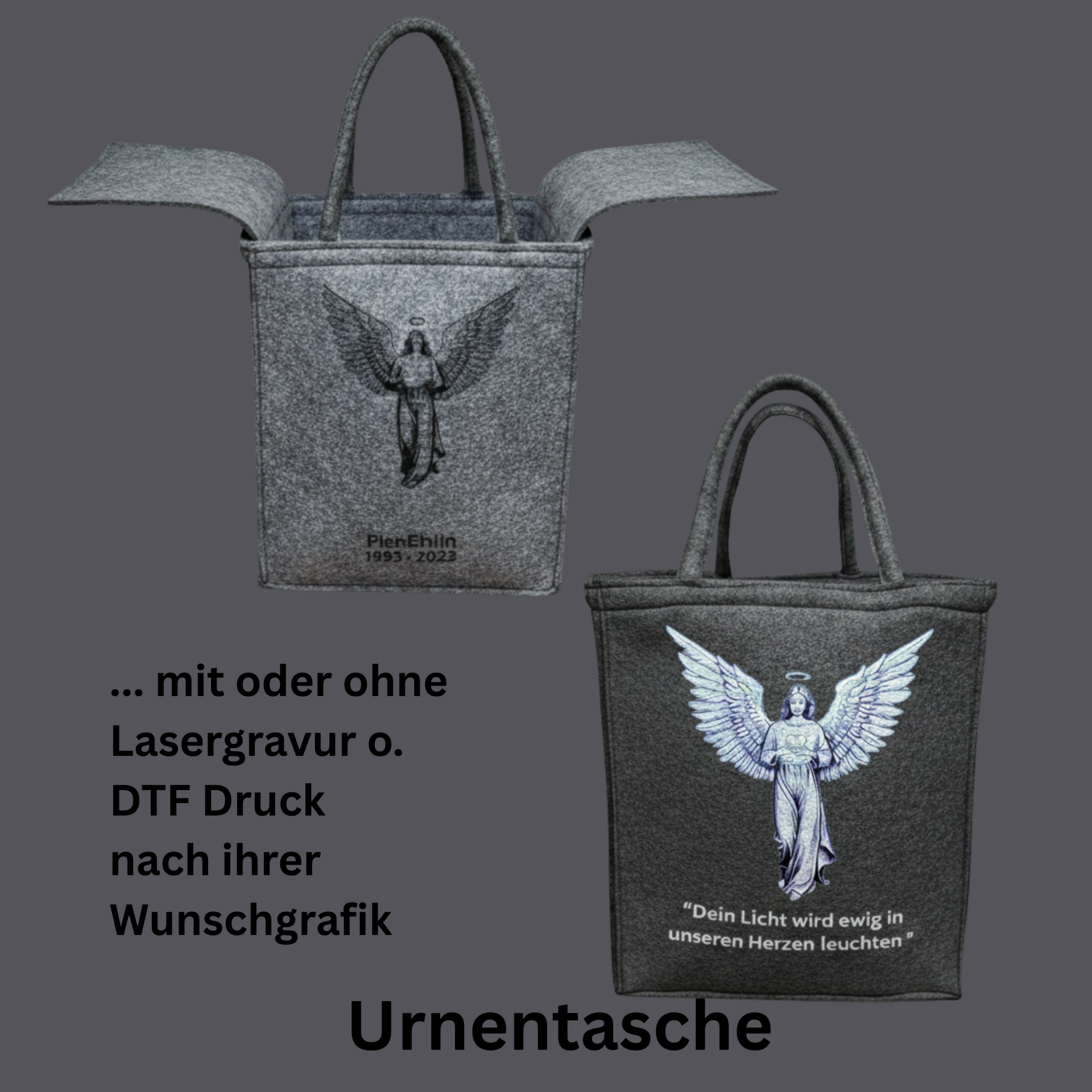 Tasche für Urnen aus recyceltem Textilfilz – mit und ohne Gravur oder DTF-Druck