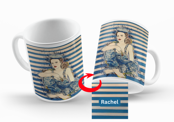 Motiv Kaffee Becher / Tasse - Pop Art Frau mit Latzhose - mit und ohne Personalisierung