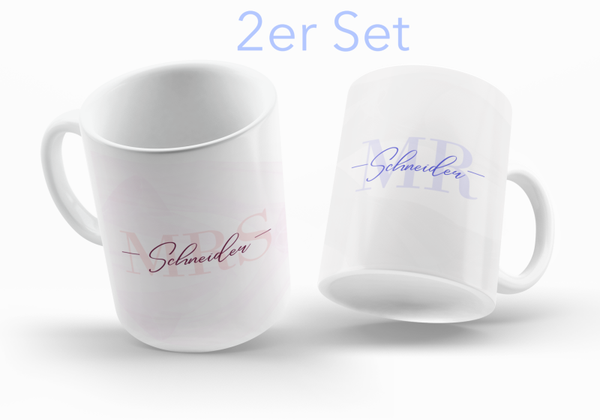 2er Set Motiv Kaffee Becher / Tassen - Hochzeit Mrs. Mr. - Personalisierbar