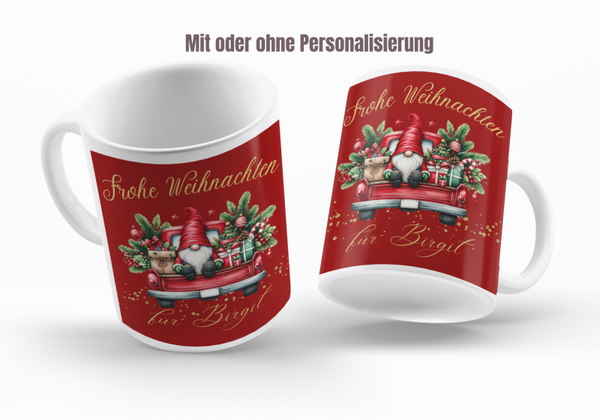 Motiv Kaffee Becher / Tasse - Frohe Weihnachten 2 - Weihnacht´s Zwerg mit Auto - Personalisierbar