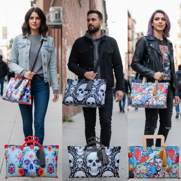 XL Pin up oder Totenkopf Bag - moderne, handgefertigte Design-Tasche DTF BEDRUCKT ABWASCHBAR aus veganem Textilfilz