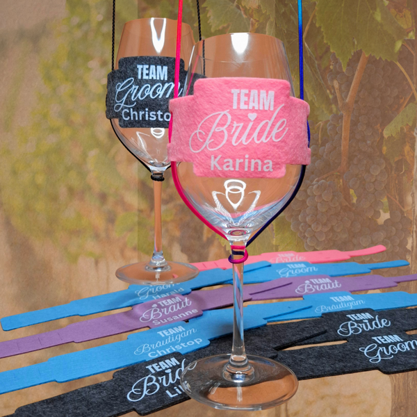 10 Weinglashalter zum Umhängen | DTF Gedruckte Glas Halter | Filz | Team Groom -  Team Braut - Team Bräutigam - Team Bride - mit oder ohne Personalisierung
