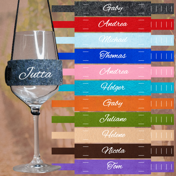 Weinglashalter zum Umhängen DTF Weiß bedruckt | Glas Halter | Filz | mit und ohne Personalisierung | in 11 Farben