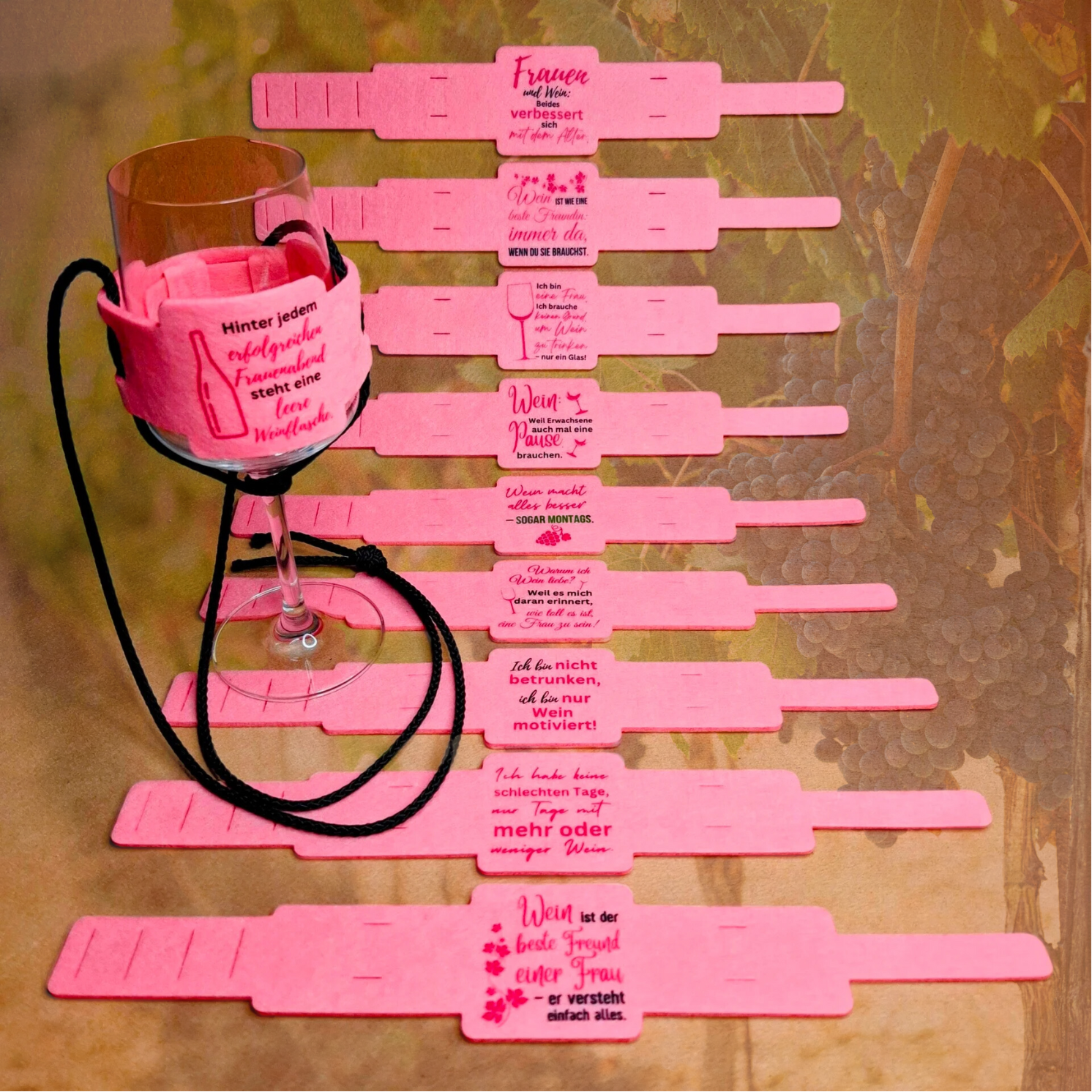 For Women and Girls Only - 10 Weinglashalter zum Umhängen in Rosa | DTF Gedruckte Glas Halter | Filz | mit verschieden Weinsprüchen klar und deutlich