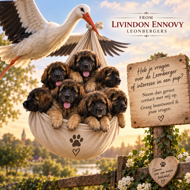 Ooievaar met Leonberger pups voor huize From Livindon Ennovy 