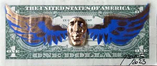 Dollar Art by Gregos - Flying Dollar - Blue and Gold Kiss