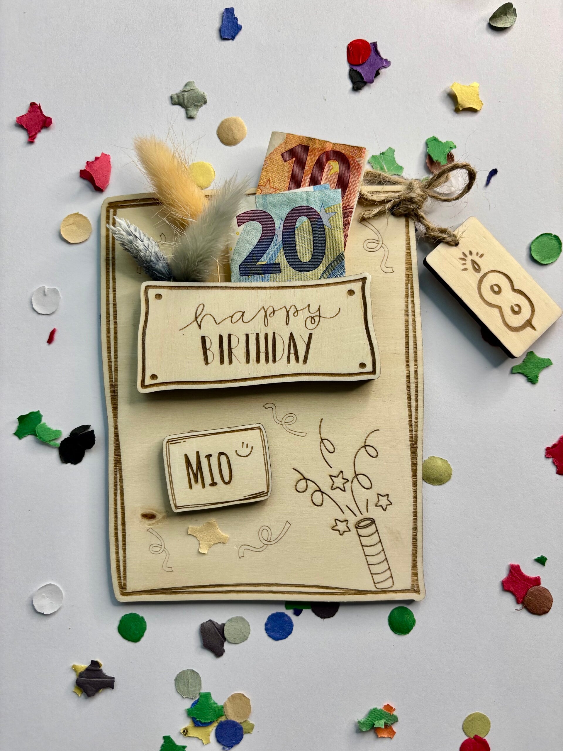 Geldgeschenkkarte aus Holz - mit Namen personalisiert & mit Geburtstagszahl