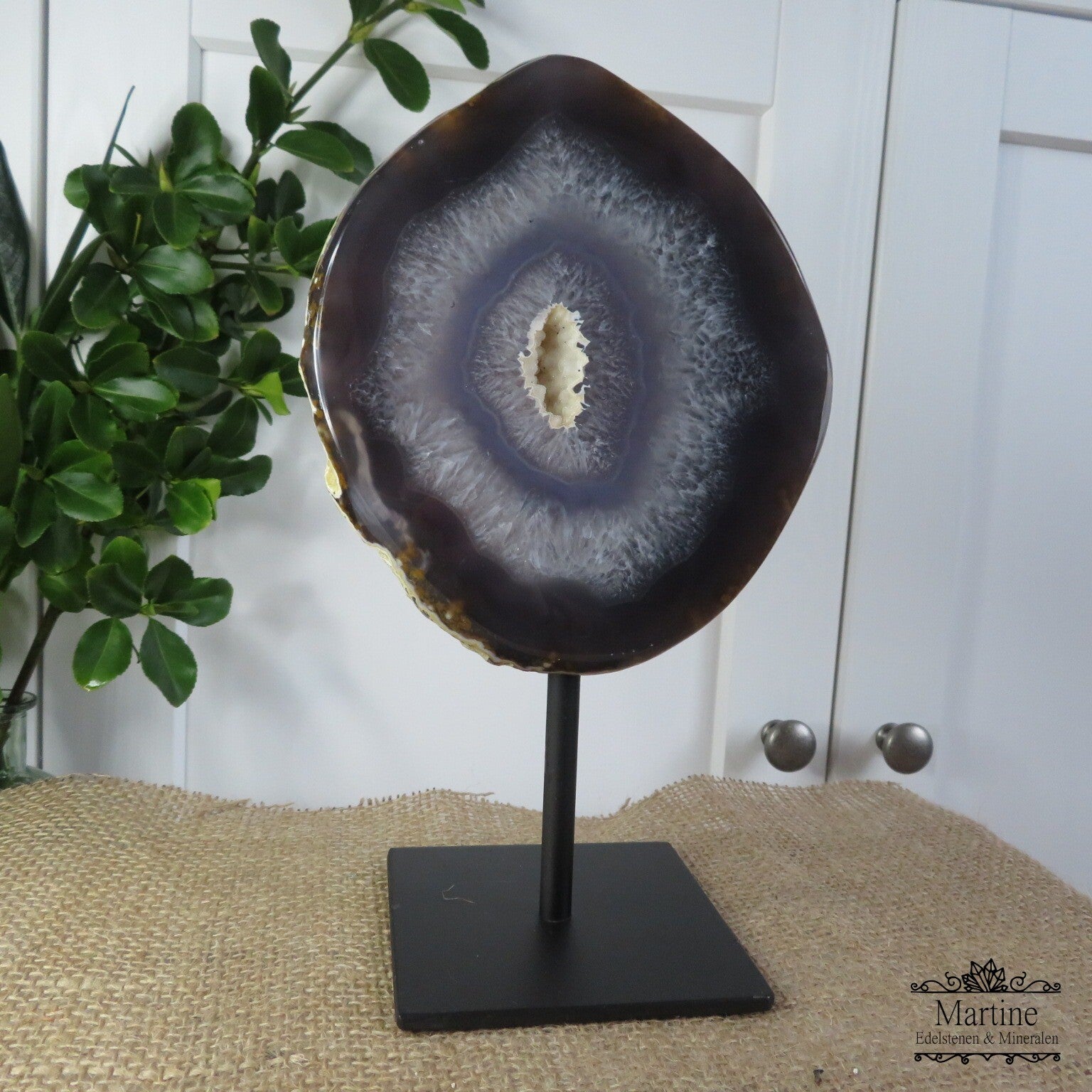 edelstenen en mineralen op standdaard, interrieurstuk, o.a. Kyaniet op standdaard, agaat op standaard, amethist op standaard, bergkristal op standaard, fuchsiet op standaard, zwarte toermalijn