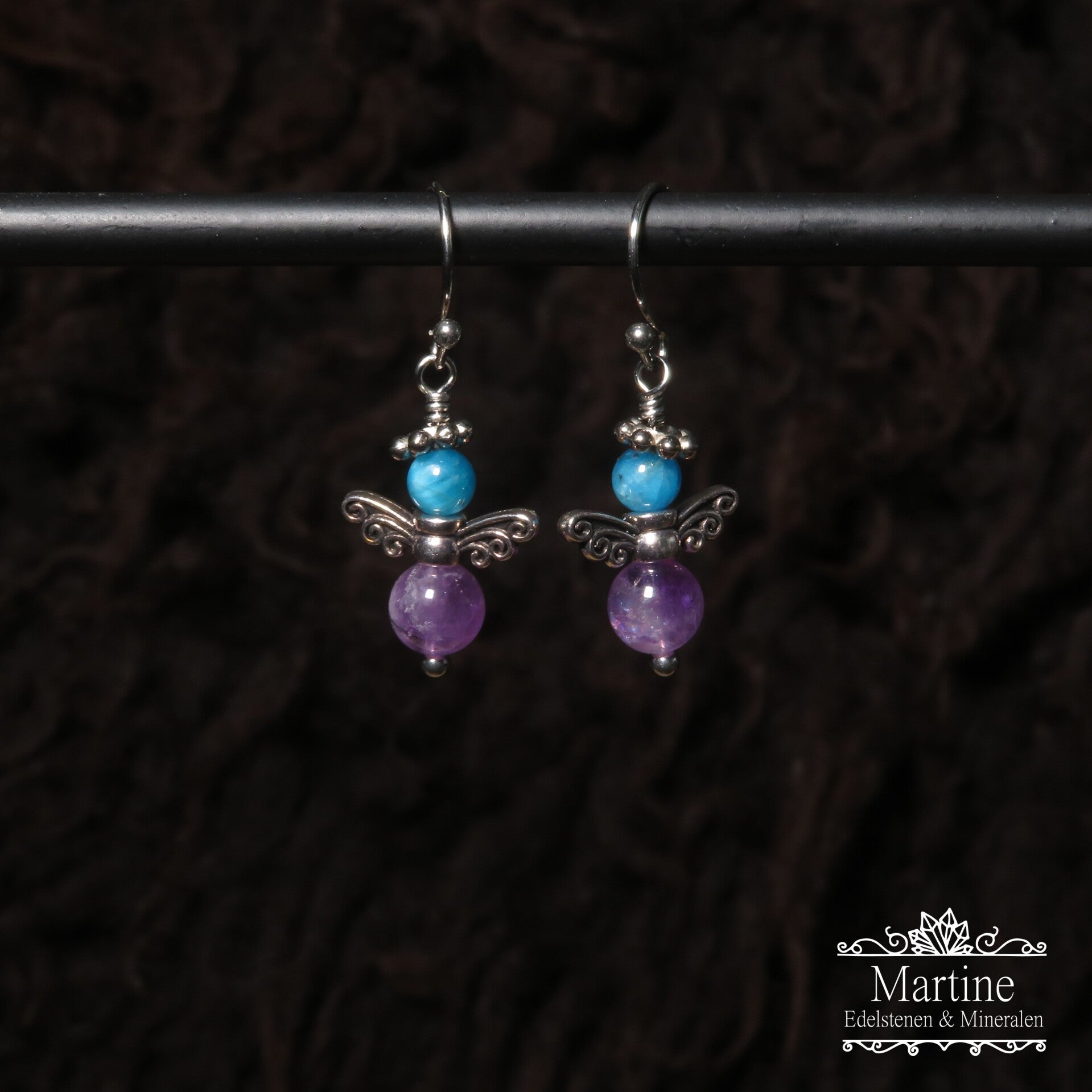 Oorbellen "engeltje" Apatiet + Amethist, zilverkleur