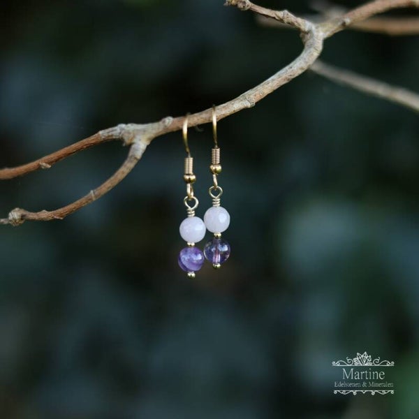 Oorbellen Rozenkwarts + Amethist goudkleur