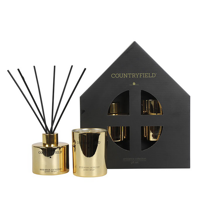 Gift box geurstokjes & kaars goud | Golden Delight