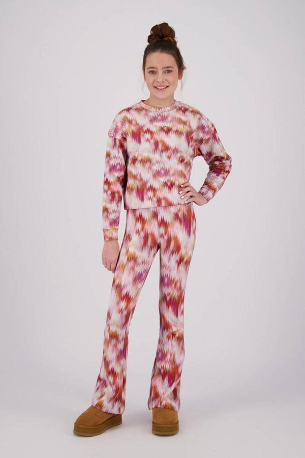 Raizzed  flared broek Tine met all over print beige/rood/oranje