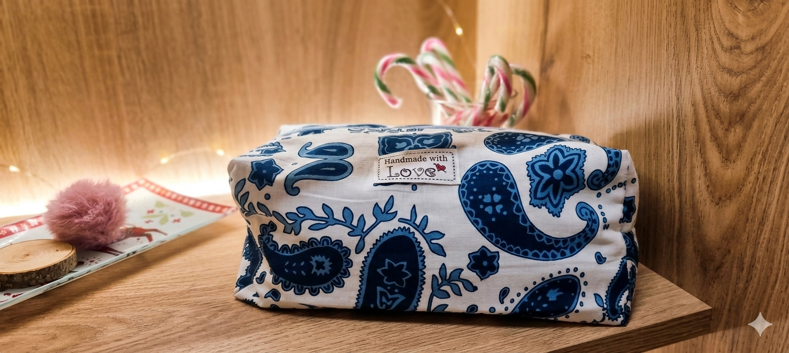 Trousse rectangle  blanc et arabesque bleue